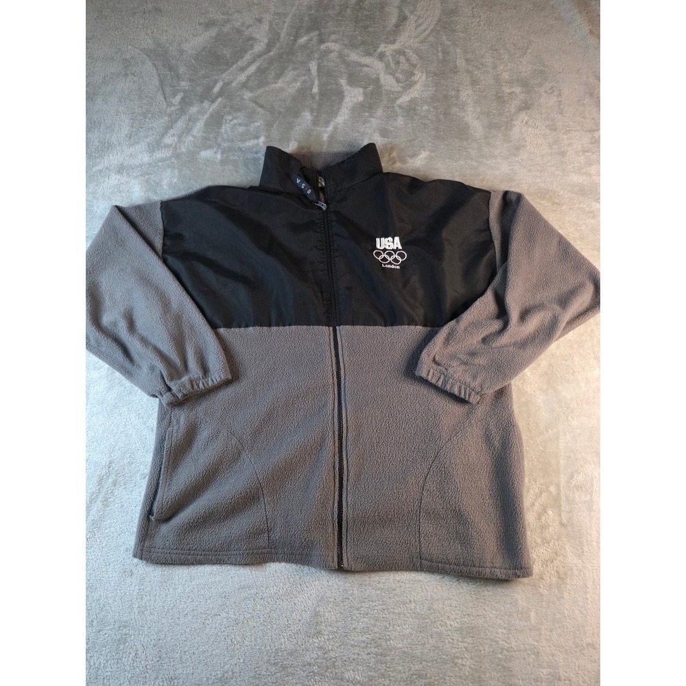 USA Olympic Committee Jacket Mens XL Gray Black London Fleece Full Zip USA Made